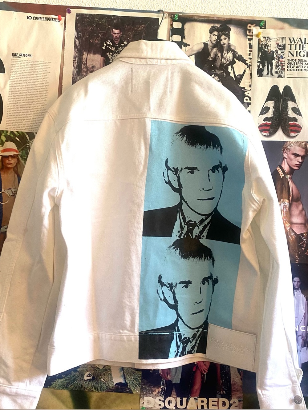 Calvin Klein Vintage White Denim Jacket with Blue Pop-Art Andy Warhol Portrait